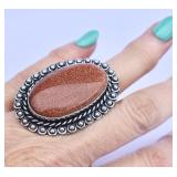 Red Sun Stone/German Silver Ring