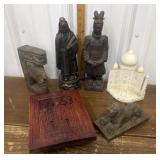 Asian statues, carved stamp, foo dog, etc