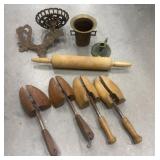 Shoe moles, rolling pin, brass vase, candlestick