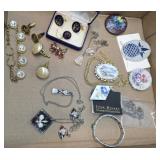 Brooches, lucite necklace earrings, etc