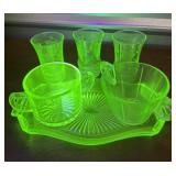 Glow uranium glasses, sugar dishes and tray *some