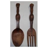 Mid Century 12" Carved Tiki Wooden Fork & Spoon