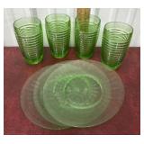 Green depression glasses and plates *2 chips