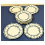 12 Plates, Blue And White Patterned With Gold