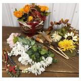Faux flowers, basket arrangement etc