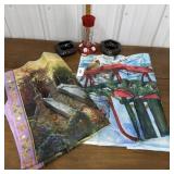 Hummingbird feeder, planters, garden flags
