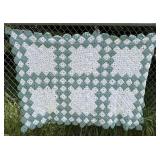 Green & white Afghan- measures approx 50"x63"
