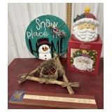 Santa cookie jar, Snowman sign, drift wood art