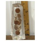 Lucite 1972 floating Pennies paper weight