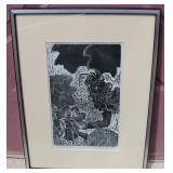 Mid Century Framed Matted Wood Block Art Print