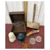 Wooden mallet, box, insulators, flower frog etcï¿½
