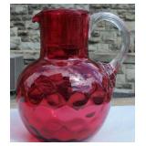 Vintage Cranberry Glass Thumbprint Pitcher w/