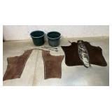2 Sets of Leather Chaps, Crops, Muck Buckets