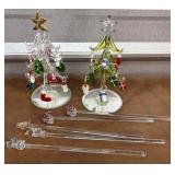 2 Small glass Christmas Trees w/ornaments & t