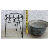 Redware pottery Flower Pot w/ Metal Stand