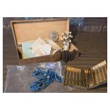 Wooden hankie box, beads, cigarette case,