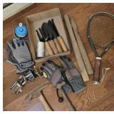 Box - fish reels, hammers, gardening tools, etc