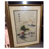 Framed artwork, vintage silk embroidery, likely