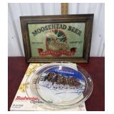 Moose head Beer sign and Budweiser platter