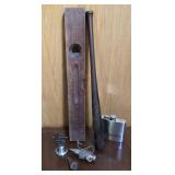 Box - Shenk bat, Stanley level, plumb bobs,