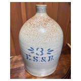 ES & B 3 Gallon Crock jug w/blue writing.