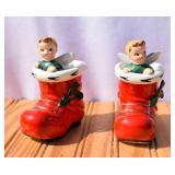 MCM Lefton Boy in Boot Candle Holders. Repair to