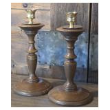 Pr Brass & wood candlesticks