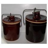 2 Vintage Glazed Brown Stoneware Crocks w/ Wire