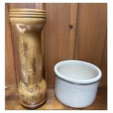 Nice Butter Crock & Wood Carved vase -Glass insert