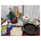 Tea kettle, salad spinner, stoneware pan dish