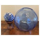 Blue glass vase & Dragon Carpet ball on stand