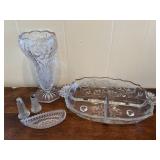 Pretty glass vase, serving dishes, salt & Peppers