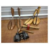 Vintage Shoe Stretchers, mallet, scribe,binoculars