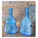 2 blue violin bottle vases