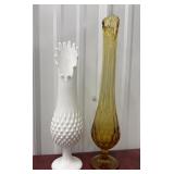 2 swung glass vases pedestal style hobnail and