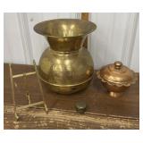 Large brass vase, plate stand, copper lidded bowl