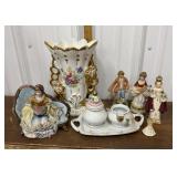 Victorian style vase, figures, creamer & sugar