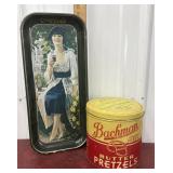 Coca-Cola tray and Bachman pretzel tin