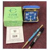 Elgin travel Alarm and vintage pens
