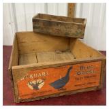 Blue goose crate and Brookfield cheese crate