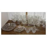Etched glasses, bowls, creamer, sugar etc