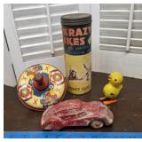 Vintage toys - tin top, car, wind up duck, Krazy
