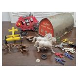 Toys - tin friendly acres Barn, plastic horses,