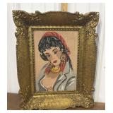 Needlepoint art, lady with red scarf *frame