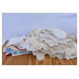 Box of Crochet & Embroidered Linens. Stains on