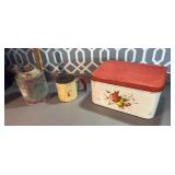 Vintage metal breadbox sifter, and can.