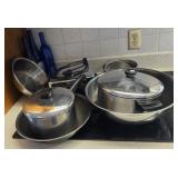 Stainless steel bowls, pans, waffle maker, blue