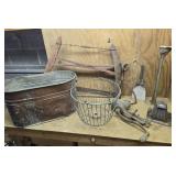 Primitive lot, Cooper boiler, egg basket, saw