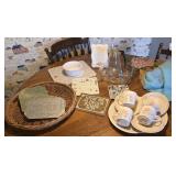 Box - pyrox, corelle, tablecloth, cutting board,