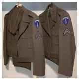 2 Military uniforms w/dog tags, patches, & hats -